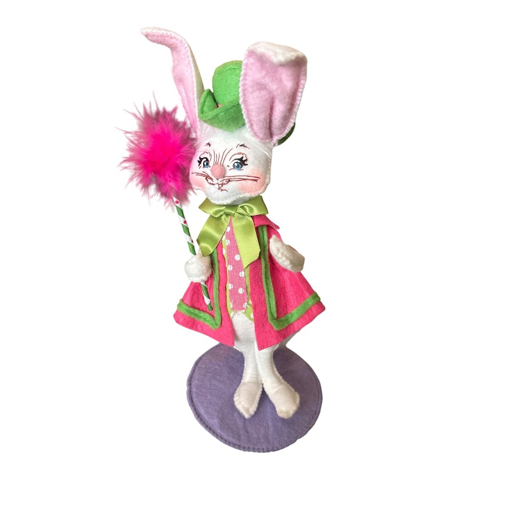 Annalee 2015 Easter Bunny Rabbit Felt Doll Pink Coat Green Hat 9.5 Inch Decor